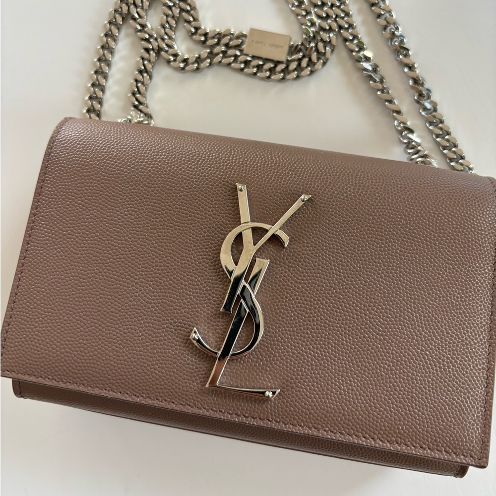 YSL Small Kate Leather Chain Flap Bag Grained Crossbody Taupe Brown Fleur - Picture 3 of 13